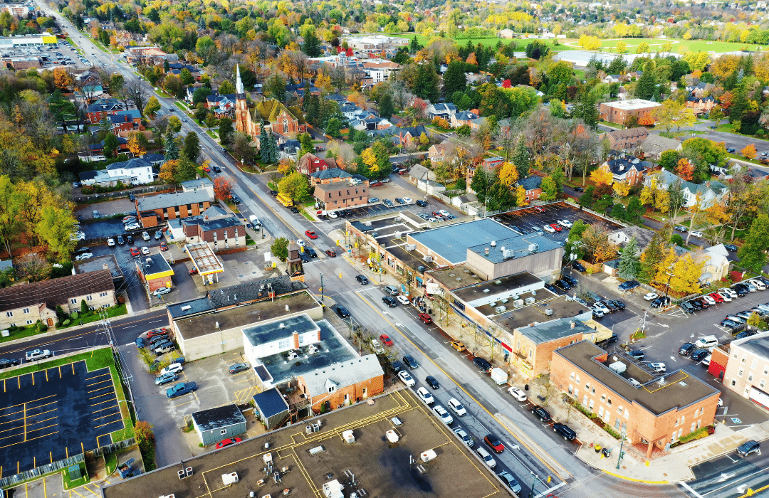 DufferinCounty Aerial view of downtown Orangeville representing Lux Furniture Rentals' Dufferin County delivery service area.