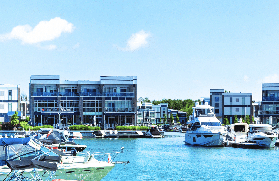 SimcoeInnisfil2 Friday Harbour waterfront community with boats and condominiums representing Lux Furniture Rentals' Simcoe County delivery service area.