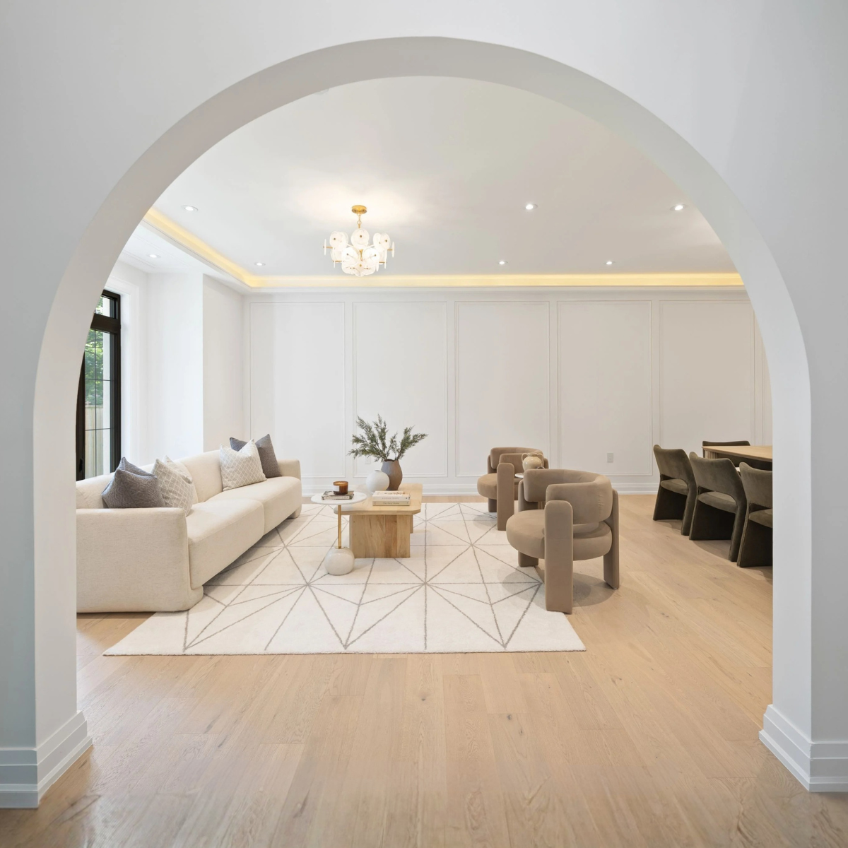 South Oakville Residence living room staged with sofa and rug