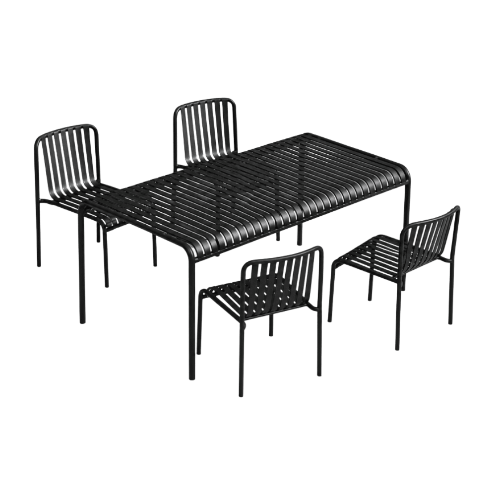 Contemporary five-piece outdoor dining set with black powder-coated metal table and chairs