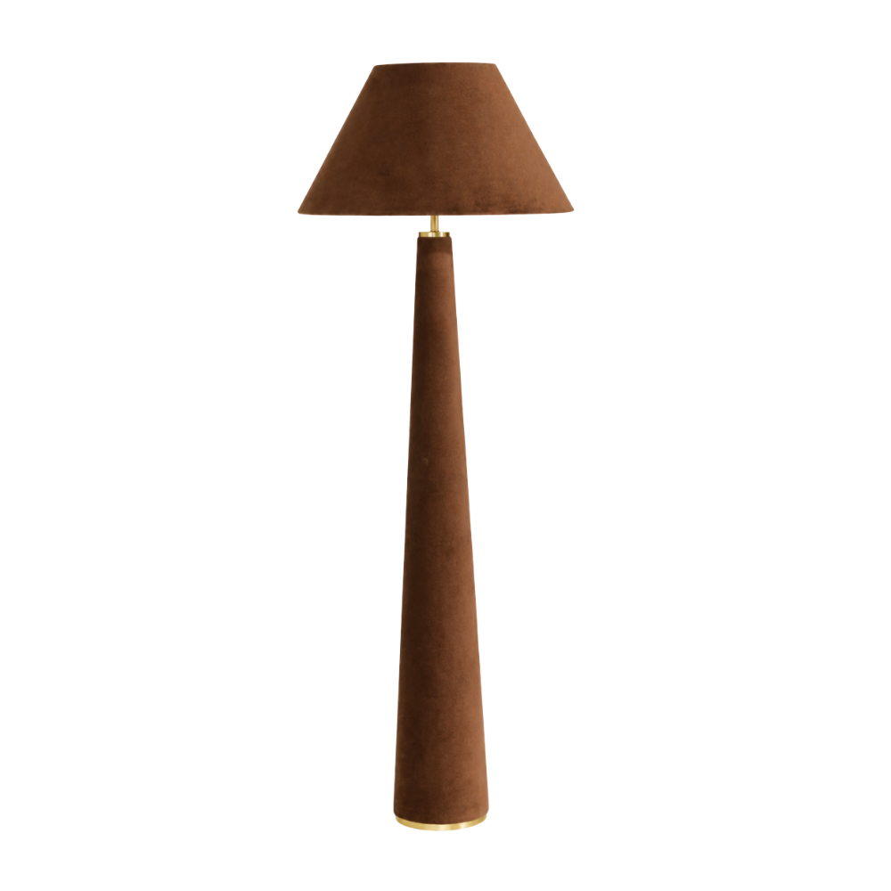 chocolate-velvet-floor-lamp-brass-trim luxurious statement floor lamp in chocolate coloured velvet base and shade with brass accent for home staging