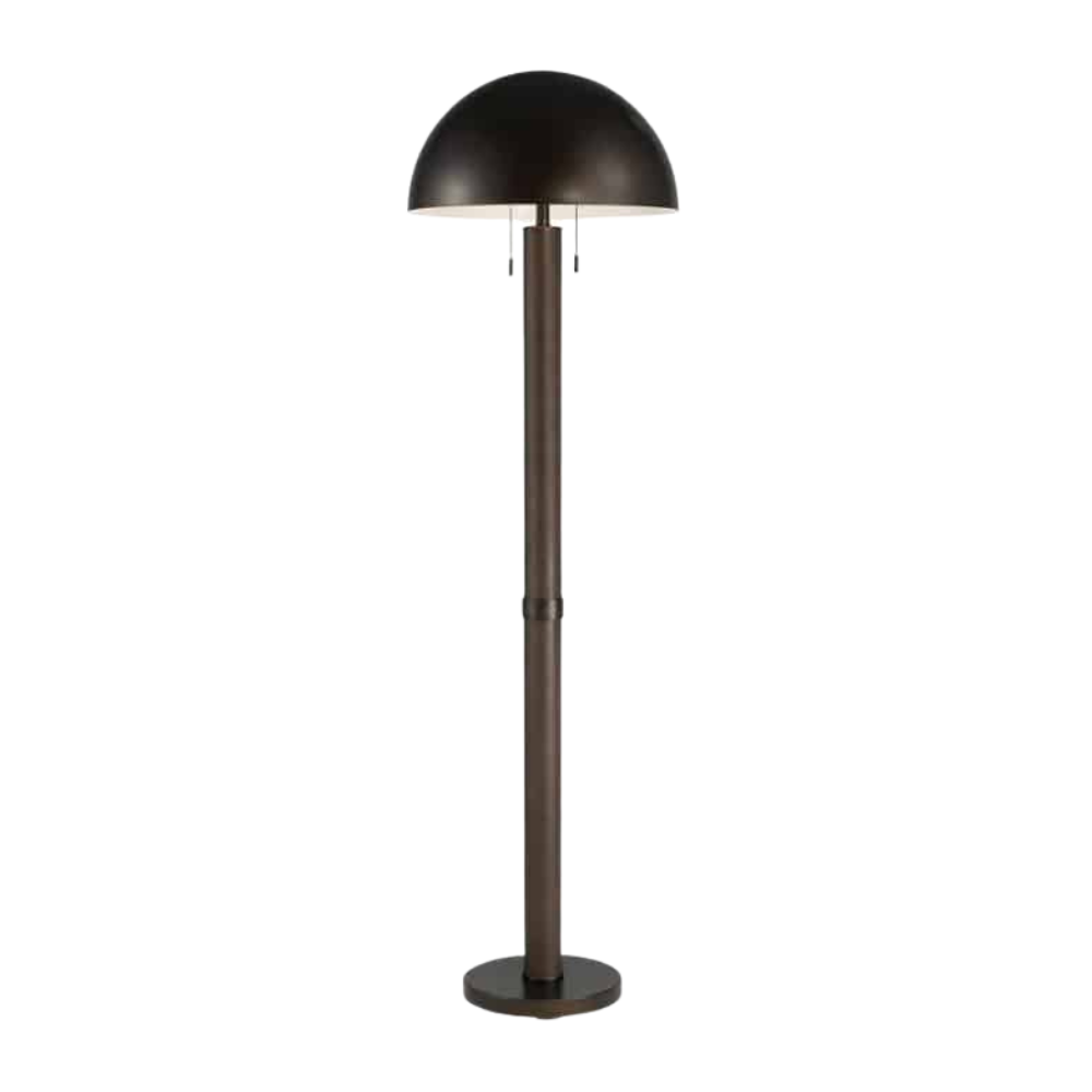 Modern floor lamp with dark bronze iron base, faux leather accents, and sleek dome shade