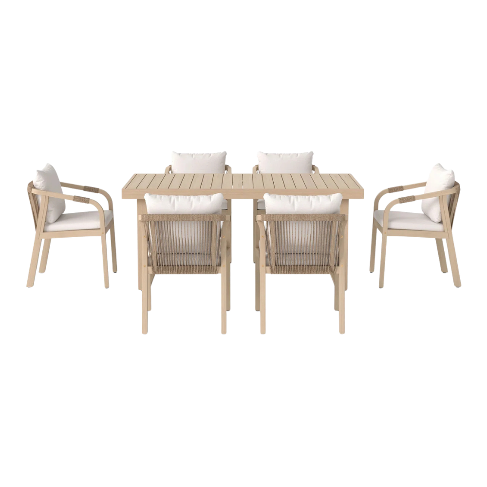 Seven-piece outdoor dining set with light wood finish and natural rope chair details for luxury outdoor staging