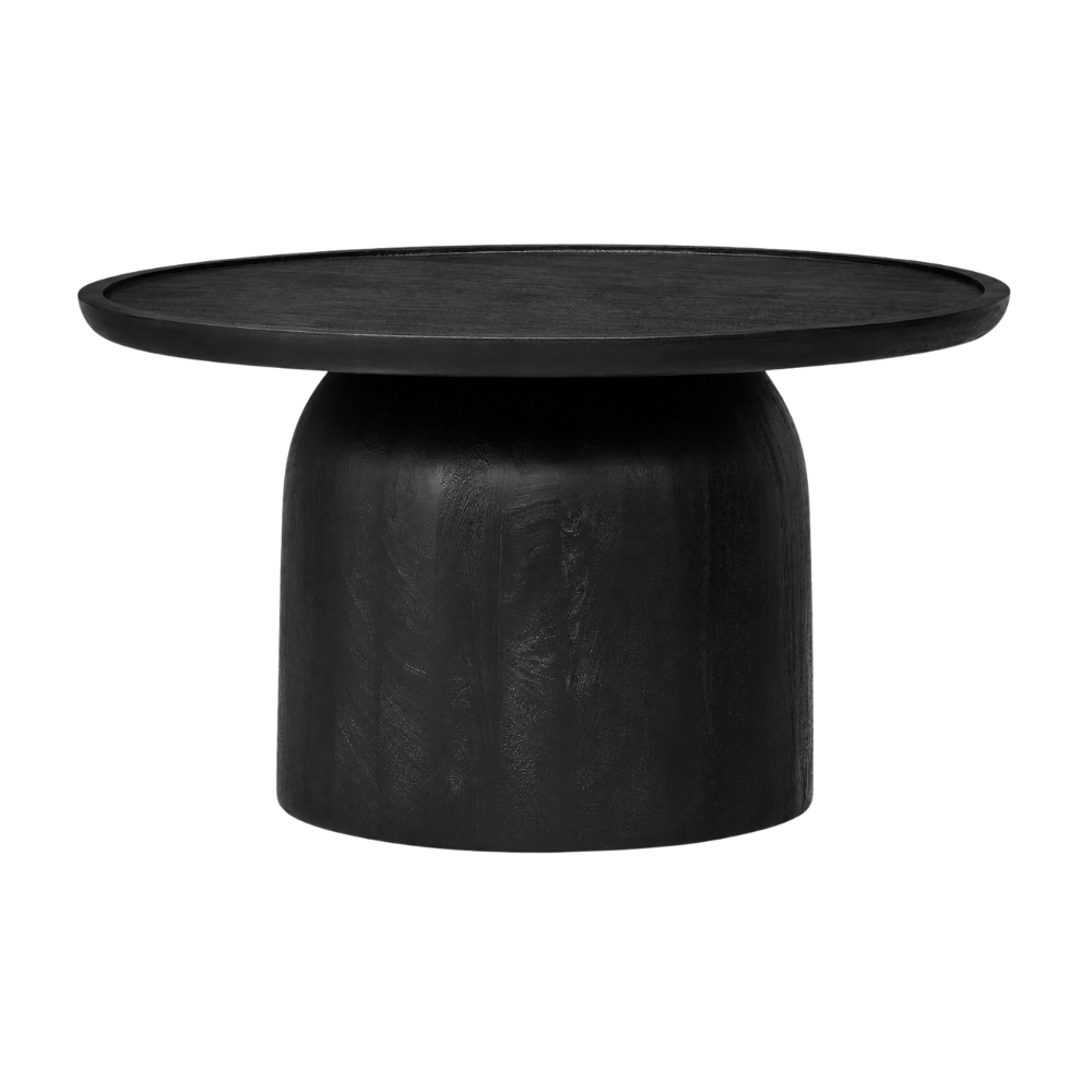 Modern round black wood coffee table used for contemporary home staging interiors