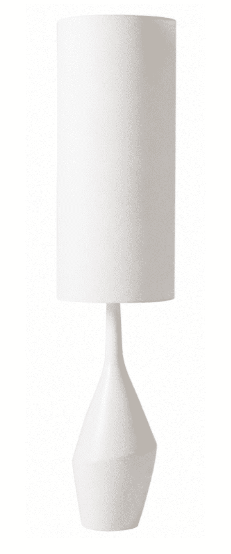 White sculptural table lamp with a woven natural-fibre shade and rounded ceramic base