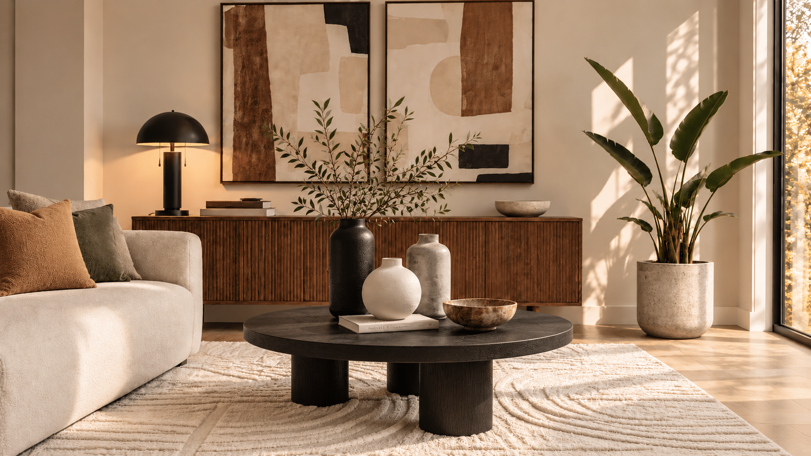 Curated living room featuring sculptural vases, abstract artwork, black table lamp, indoor plant and textured area rug