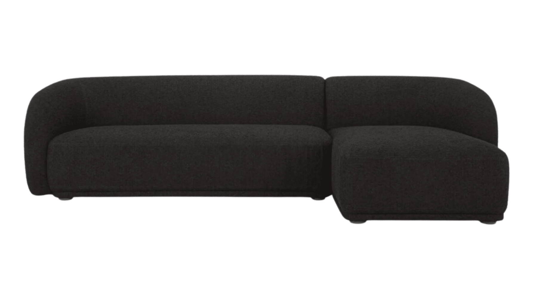 Black upholstered modular sectional sofa with a rounded silhouette and chaise