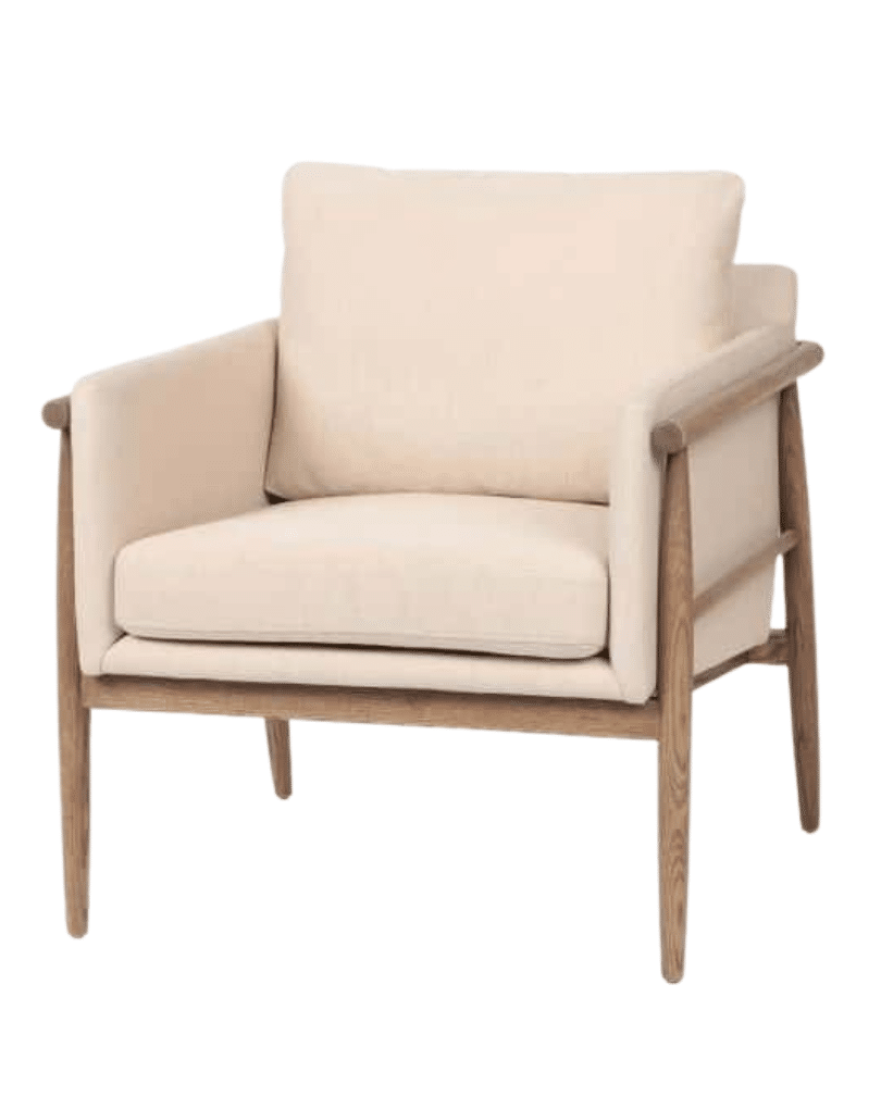 Ivory upholstered accent chair with a natural wood frame and exposed wooden arms