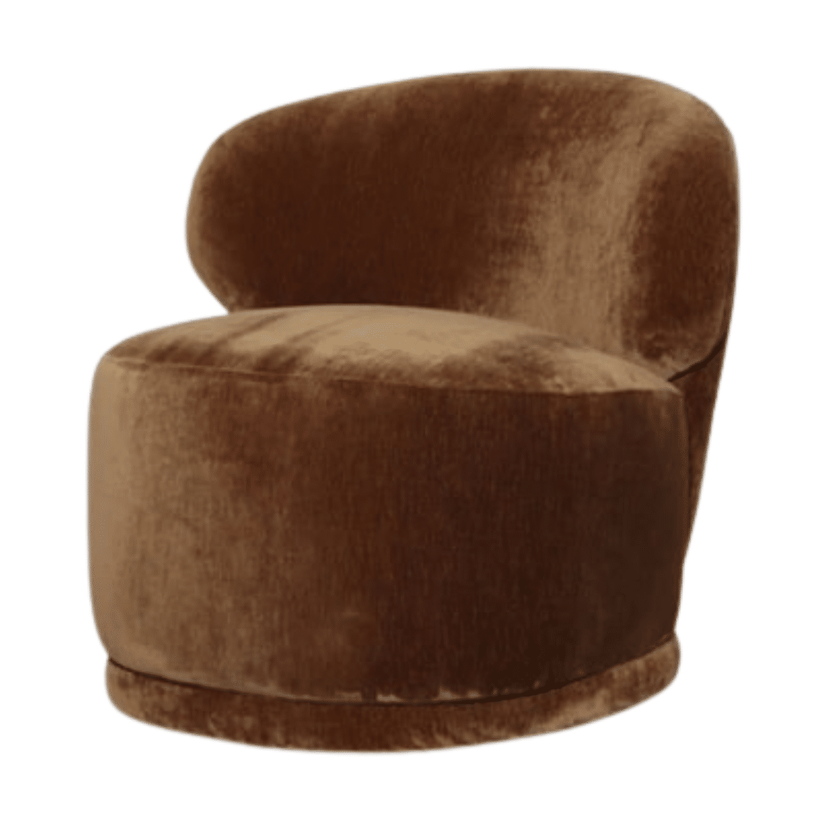 Rounded brown upholstered accent chair with a curved back and low profile