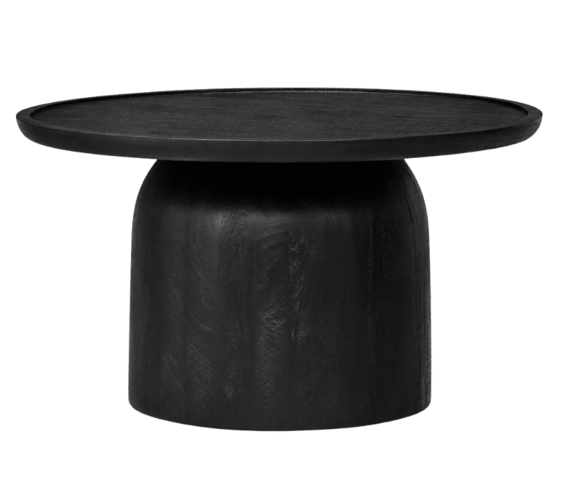 Black leather woven bench with a dark wood frame and slim legs