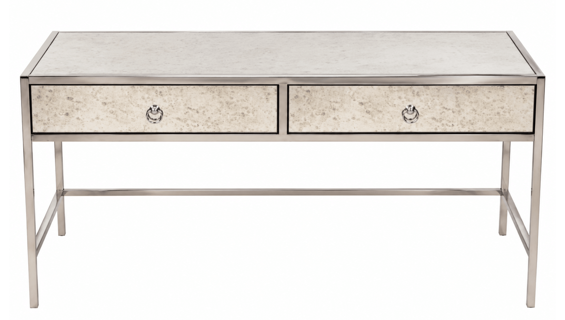 Antiqued mirrored office desk with two drawers, polished metal frame and slim tapered legs