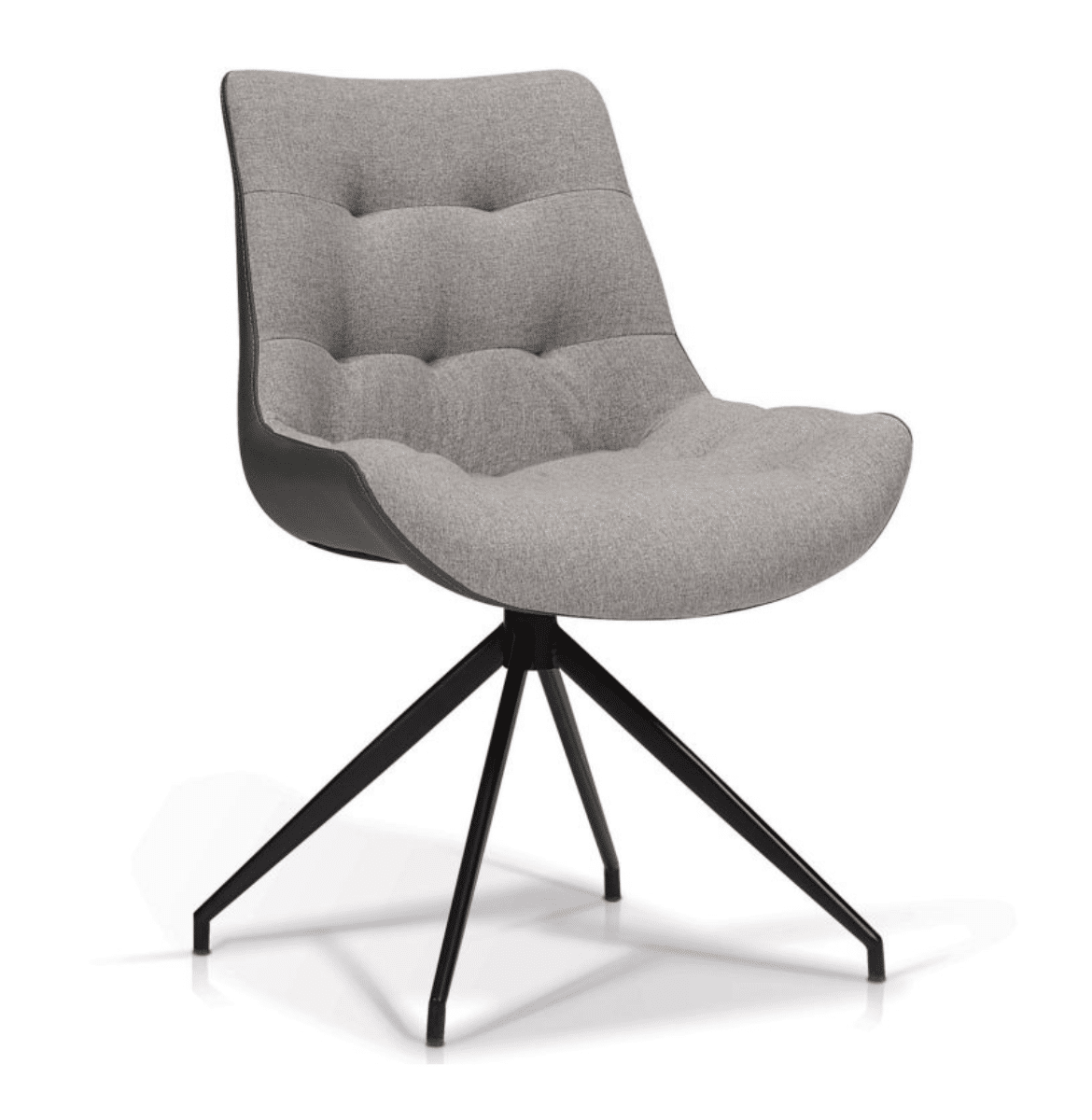 Light grey upholstered office chair with tufted back and seat on a black four-point swivel base