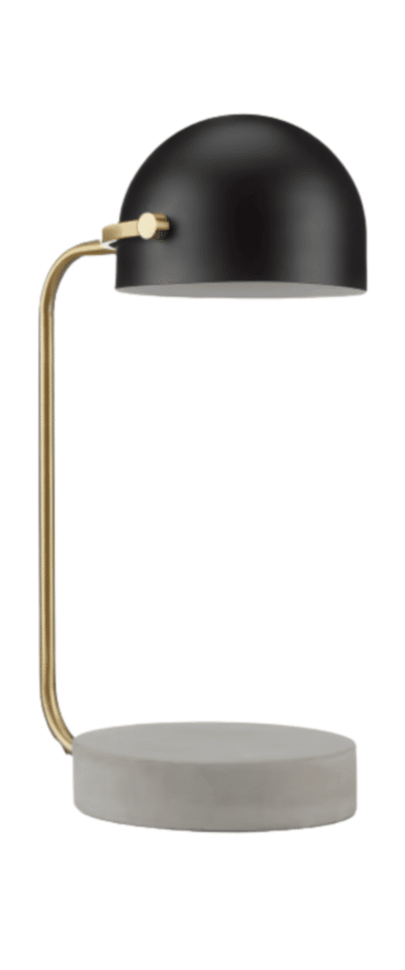 Black dome desk lamp with a brass curved arm and round light stone base