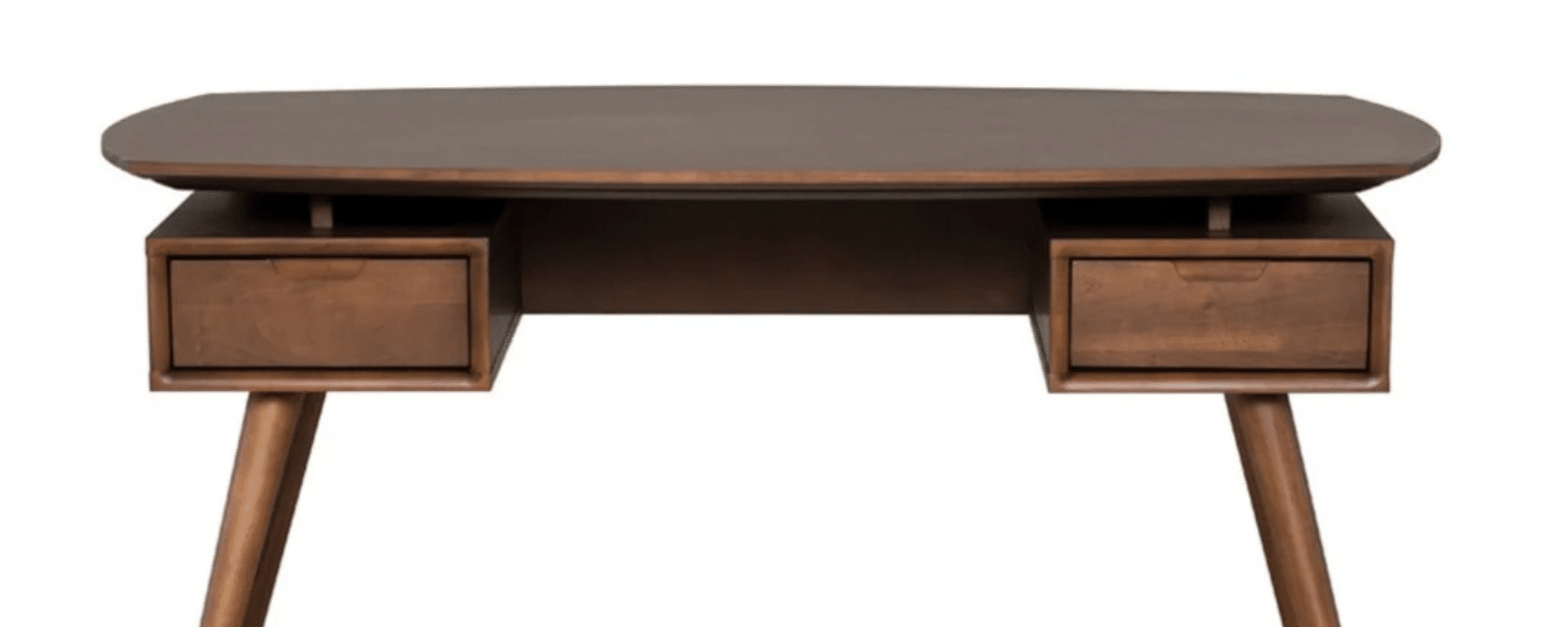 Walnut office desk with rounded top, two drawers and tapered wooden legs
