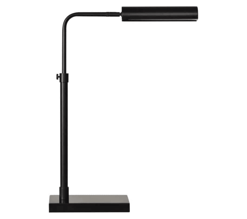 Black adjustable task lamp with a slim vertical stem, horizontal cylindrical shade and rectangular base