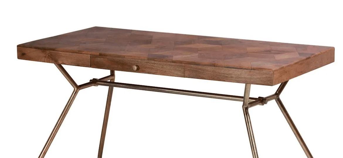 Walnut office desk with parquet wood top, slim center drawer and angular bronze metal legs