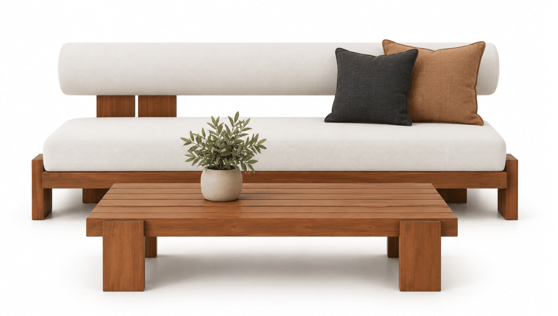 Natural woven outdoor lounge chairs with white cushions