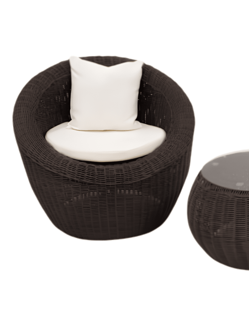 Black woven outdoor lounge chair with white seat cushion