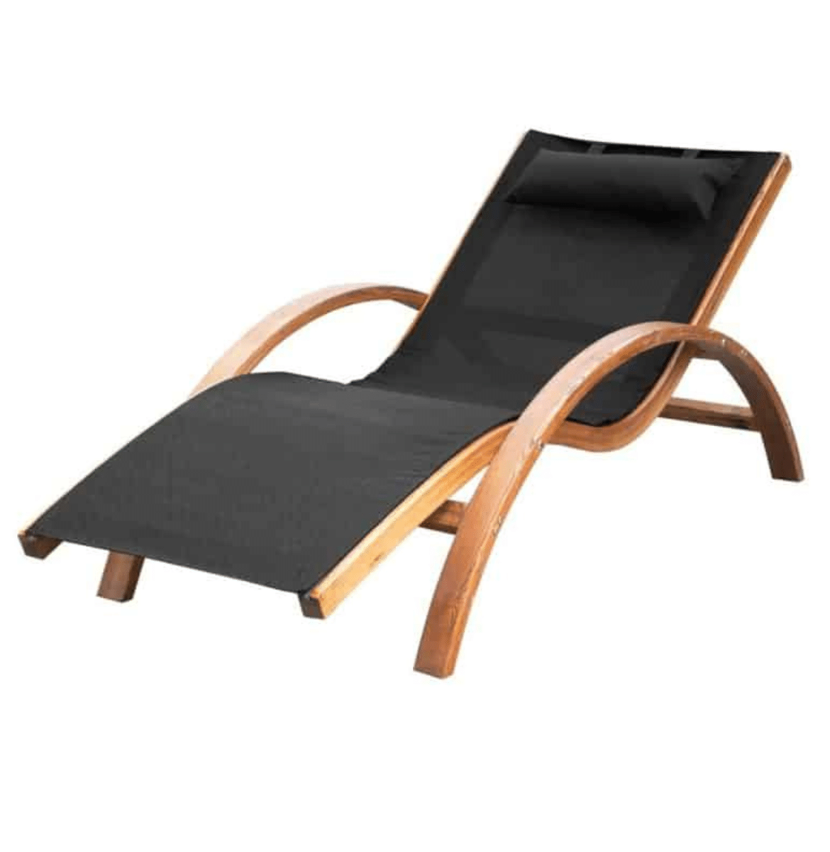 Wood-framed outdoor chaise lounge with black sling seat and back