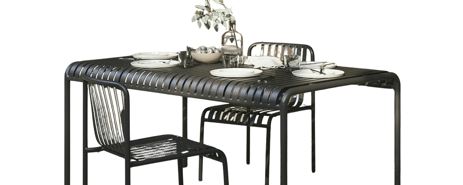Black slatted outdoor dining table with four matching chairs
