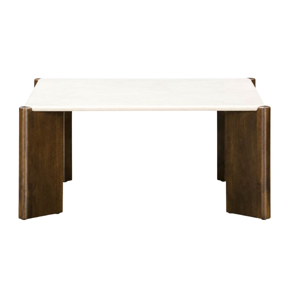 square-walnut-coffee-table-with-white-marble-top modern square coffee table with rich walnut legs and white marble top for luxury home staging