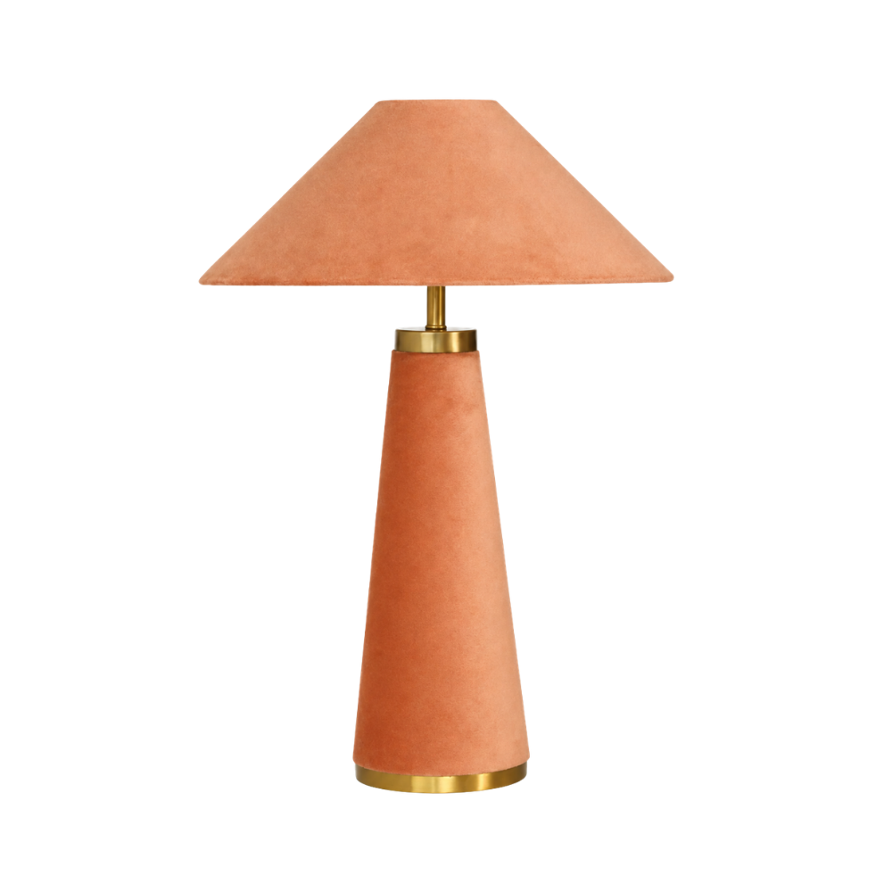 teracotta-velvet-lamp-brass-trim luxurious statement lamp in terracotta coloured velvet base and shade with brass accent for home staging