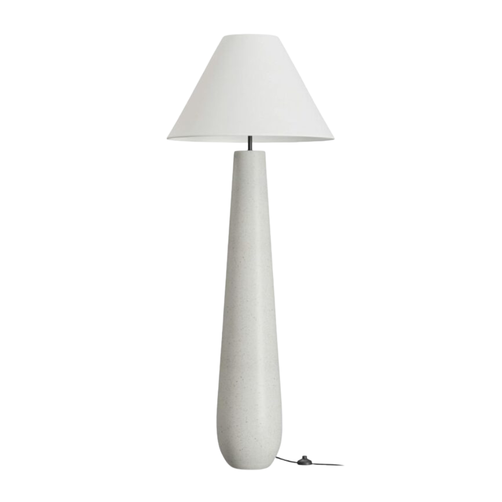 Floor lamp with tapered terrazzo base and white fabric shade for contemporary interiors