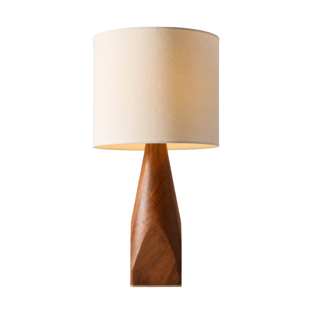 Modern table lamp with sculpted walnut base and beige linen shade