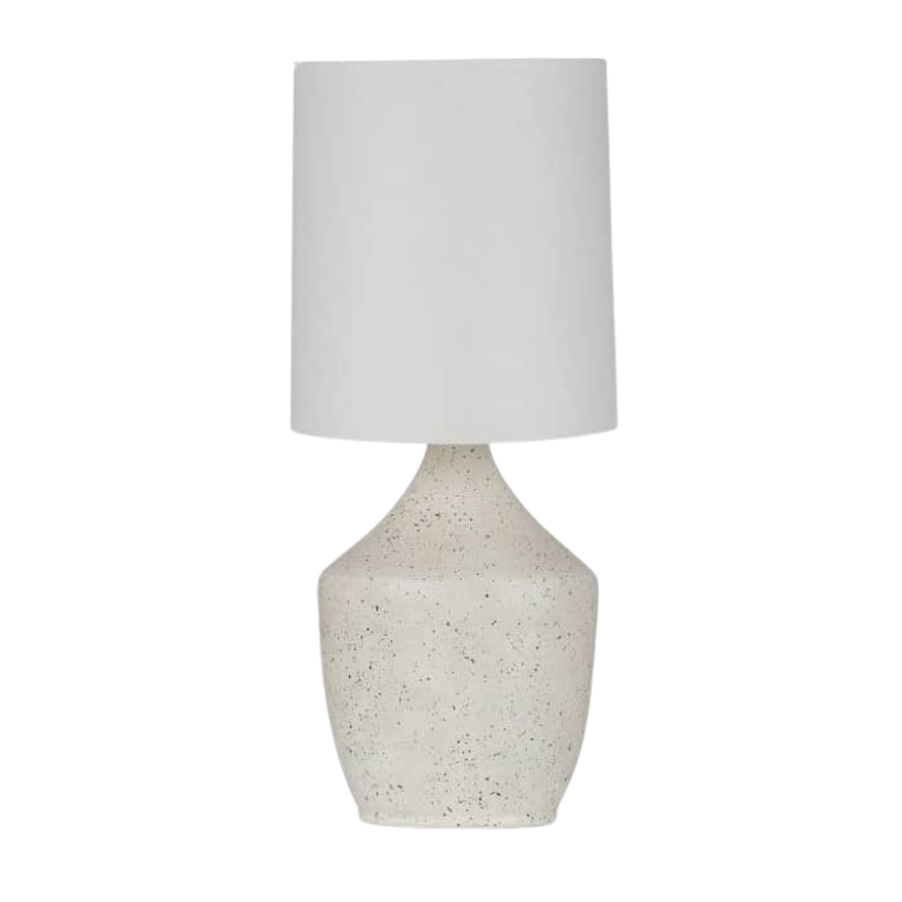 Modern table lamp with speckled white ceramic base and white jute shade